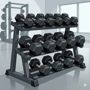 A heavy-duty storage rack holding various weights including a massive 125 lb dumbbell.