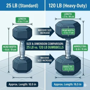 A detailed size comparison between standard weights and 120 lb dumbbells.