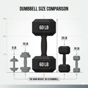 A detailed size comparison chart featuring a 60lb dumbbell next to other weights.