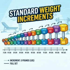 Illustration 1: An infographic showing the 5 lb weight increments available in a full set of dumbbells 5 100.