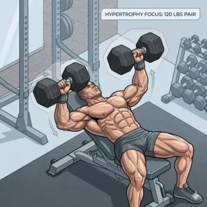 A bodybuilder performing a heavy chest press exercise using dumbbells 120 lbs.