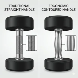 Side by side comparison of a straight handle dumbbell and a contoured handle.