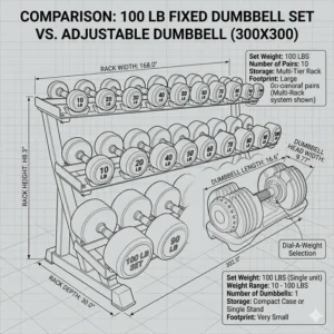Comparative chart between an adjustable system and a fixed 100 lb dumbbell set for strength training.