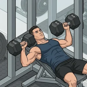 A fitness athlete performing a flat bench press using 75 lb dumbbells
