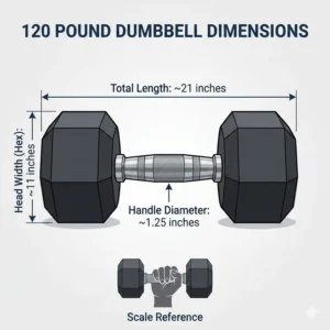 Technical diagram showing the specific dimensions and width of a 120 pound dumbbell.