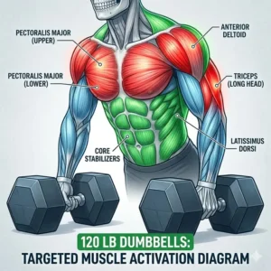 Muscle activation diagram showing the primary muscles worked when lifting 120 lb dumbbells.