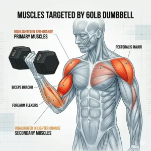 An anatomical diagram showing the primary muscles targeted by a 60lb dumbbell.
