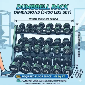 Illustration 2: A diagram illustrating the floor space and rack dimensions needed for dumbbells 5 100.
