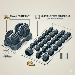 A diagram comparing the small footprint of this adjustable dumbbell set 50 100 vs. multiple fixed dumbbells.