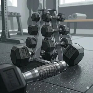 A space-saving vertical rack holding a 60 lb dumbbell set in a home gym setting.