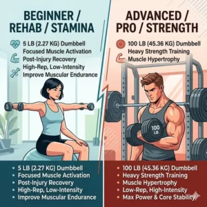 Illustration 3: A comparison between a beginner using 5 lb weights and a pro using the heavy dumbbells 5 100.