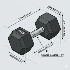 Technical diagram showing the exact handle and head dimensions of 75 lb dumbbells.
