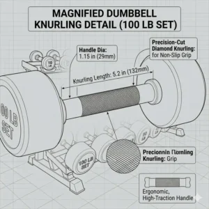 Close-up view of the non-slip knurled handle design on a professional 100 lb dumbbell set.