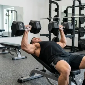A strong athlete performing a heavy chest press exercise with a 125 lb dumbbell in each hand.