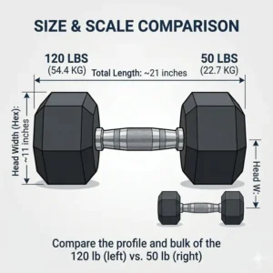 Side-by-side scale comparison between a standard weight and a 120 pound dumbbell.