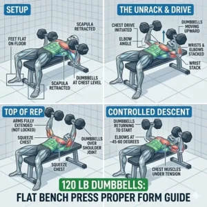 Proper lifting technique and form for a flat bench press with 120 lb dumbbells