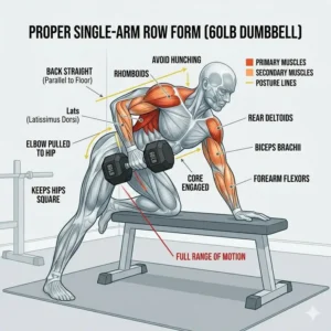 A professional illustration demonstrating the correct single-arm row form with a 60lb dumbbell.