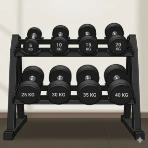 Multiple pairs of straight handle dumbbell weights organized on a steel rack.