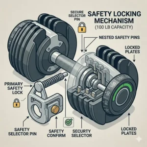 A close-up illustration of the secure locking pins on a 100 lb adjustable dumbbell from the dumbbell set 50 100.