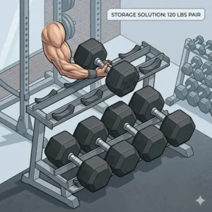 A reinforced steel storage rack holding a complete set of dumbbells 120 lbs.