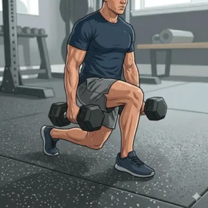 Illustration of an athlete performing weighted lunges using a 60 lb dumbbell set.