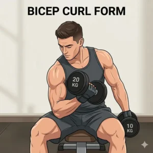 An athlete performing a bicep curl using a straight handle dumbbell with proper form.