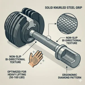 A detailed graphic of the non-slip knurled steel handle designed for heavy lifting with the dumbbell set 50 100.