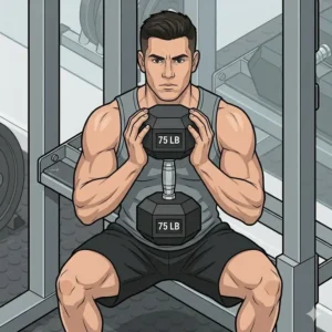 Proper form for a goblet squat exercise holding one of the 75 lb dumbbells.