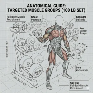 Anatomical diagram highlighting muscle groups targeted when training with a 100 lb dumbbell set.
