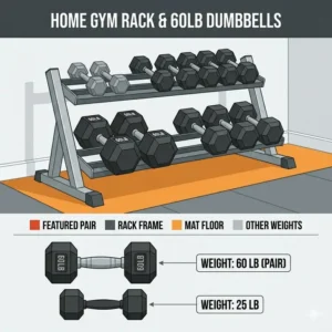 A pair of heavy-duty 60lb dumbbell units stored on a reinforced home gym rack.