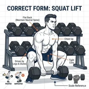 Instructional guide showing the correct posture for lifting a 120 pound dumbbell safely.