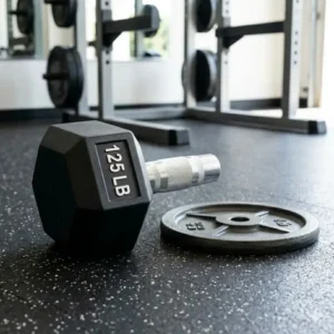 A side-by-side size comparison between a standard weight plate and a large 125 lb dumbbell.