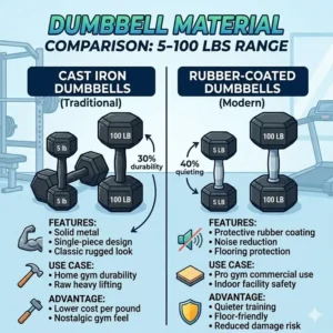 Illustration 4: Visual comparison between cast iron and rubber-coated versions of dumbbells 5 100.