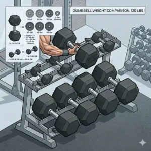A size and weight increment comparison chart featuring dumbbells 120 lbs.