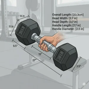Diagram showing the length and head width of a standard 60 lb dumbbell set.