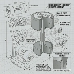 Cross-section illustration revealing the solid cast iron core of a high-quality 100 lb dumbbell set.