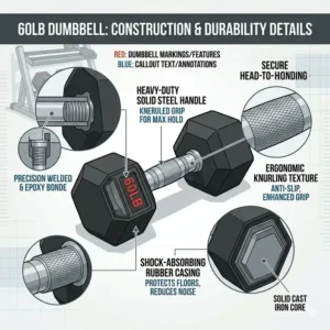 Technical drawing showing the durable steel handle and rubber casing of a 60lb dumbbell.