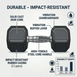 Graphic illustrating the shock-absorption and durability of a 120 pound dumbbell.