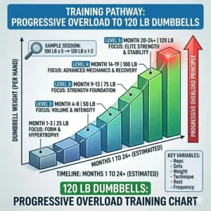 Progressive overload training chart showing the journey to lifting 120 lb dumbbells