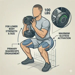 An illustration of an athlete performing goblet squats using a 100 lb weight from the dumbbell set 50 100.