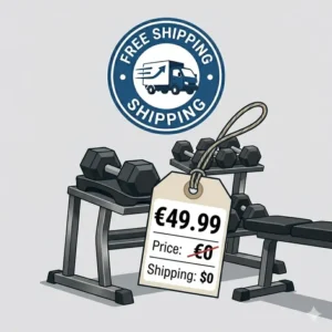 Price tag graphic showing zero delivery costs for dumbbells free shipping deals.