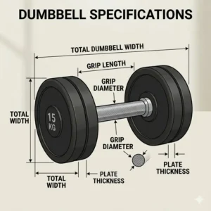 Technical diagram showing the grip length and diameter of a straight handle dumbbell.