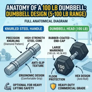 Illustration 6: A detailed look at the knurled steel handle and hex head design of dumbbells 5 100.