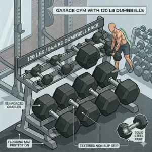 A high-end garage gym setup equipped with professional dumbbells 120 lbs.