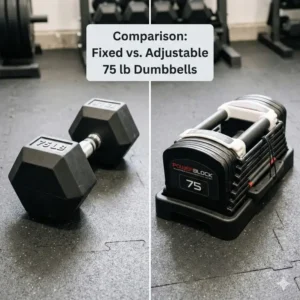 Comparison between traditional fixed and modern adjustable 75 lb dumbbells.