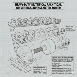 Space-saving storage solution and footprint dimensions for a multi-tier 100 lb dumbbell set.
