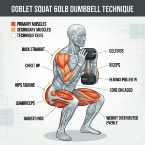 Illustration of the proper goblet squat technique using a 60lb dumbbell for resistance.