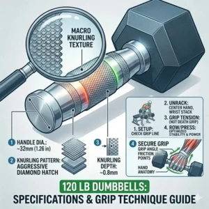 Close-up technical view of the knurling and handle diameter of 120 lb dumbbells.