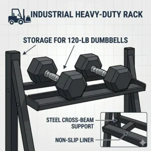 A heavy-duty storage rack designed to hold a pair of 120 pound dumbbell weights.