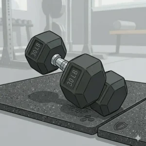 Rubber-encased 60 lb dumbbell set with a hexagonal design to prevent rolling and protect floors